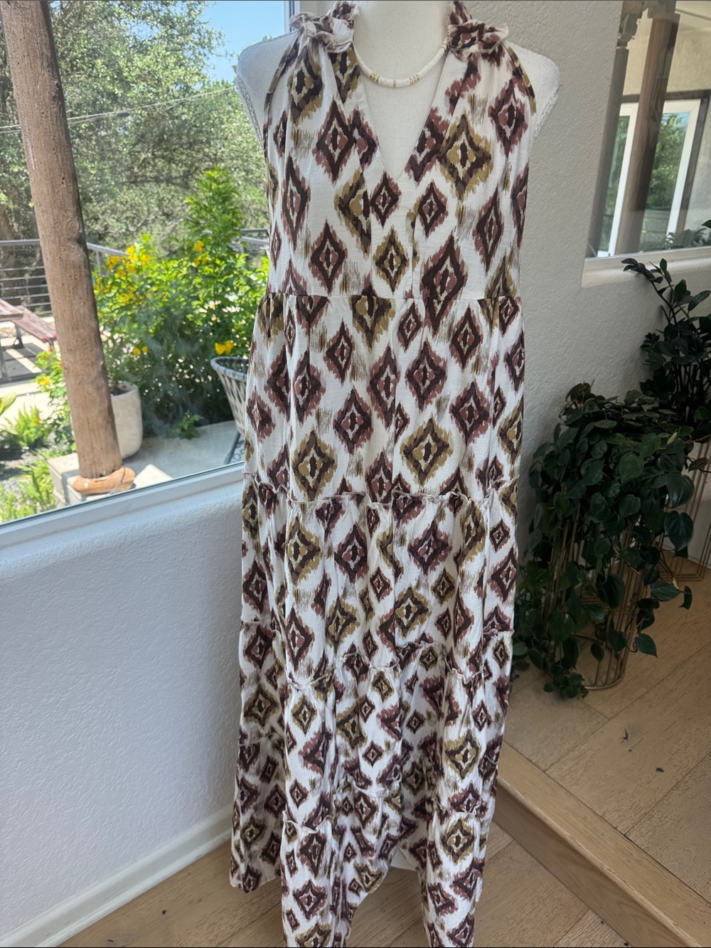 Sleeveless Tiered Maxi Dress in Cream with Brown & Olive Ikat Print SM Summer